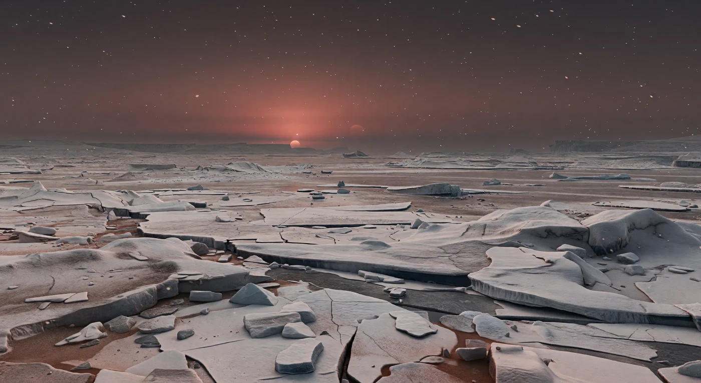 Across the frozen ocean plain, jagged pressure ridges of water ice rise in chaotic, overlapping walls and heavy hummocks, their dirty white frost and blue-gray glacial faces streaked with darker mineral dust and cryogenic sediment. In the low, permanent red light near the terminator, wind drives spindrift through narrow troughs between shattered crust plates, ice boulders, and sastrugi, while thinner edges of ice catch a faint internal glow beneath the scarlet illumination. These ridges likely form where a thick ice shell is compressed and buckled by stress in the frozen surface, with the world’s stronger gravity keeping the relief compact and massive rather than towering. Above it all, a nitrogen-rich atmosphere softens the scene into copper-red haze and mauve twilight, making the immense icefield feel both silent and crushingly vast, as if the horizon itself has been folded and heaved by a planet-sized winter.