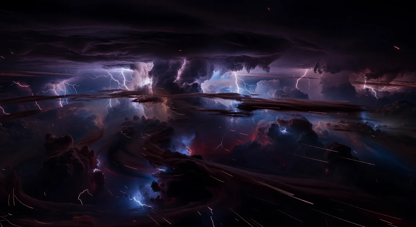 Sob o lado permanentemente noturno, não existe chão nem horizonte rochoso — apenas um oceano abissal de nuvens maroon escuras, violetas e azul-cobalto, afundando em camadas sem fim enquanto torres de tempestade minerais e bigornas colossais emergem da escuridão. Relâmpagos azul-branco rasgam o céu negro-violeta em lampejos brutais, revelando por instantes desfiladeiros de nuvens, paredes de vórtice e faixas de cisalhamento esculpidas por ventos supersónicos que podem arrastar chuva de silicatos fundidos quase na horizontal, como agulhas incandescentes de vidro. A ténue luminosidade avermelhada que sobe das camadas mais profundas não vem de qualquer estrela visível, mas do próprio calor da atmosfera espessa, onde névoas quentes, aerossóis e partículas de silicato espalham reflexos frios de cobalto. É uma paisagem sem superfície, própria de um gigante gasoso extremo: uma arquitetura atmosférica esmagadora, elétrica e incandescentemente alienígena, onde a meteorologia atinge escalas de centenas de quilómetros e a noite parece viva.