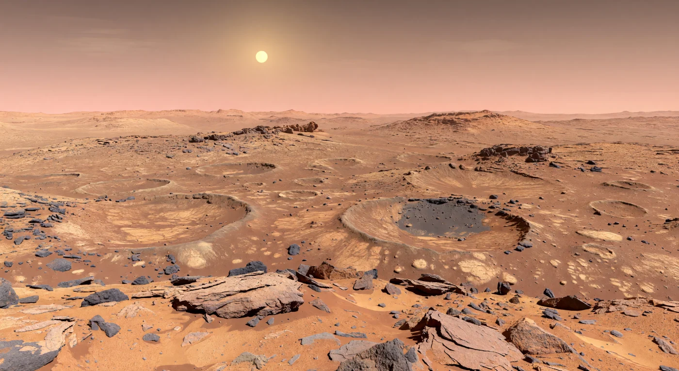 Do cimo de uma crista rochosa das antigas terras altas austrais, o olhar perde-se num mar de crateras degradadas que se sobrepõem até ao horizonte, com bordos de quilómetros de largura, cristas de ejecta suavizadas e depressões rasas moldadas por milhares de milhões de anos de impactos e erosão eólica. Em primeiro plano, o regolito é áspero e seco: blocos angulosos de basalto e brecha de impacto, lajes fracturadas, seixos escuros e poeira rica em óxidos de ferro em tons vermelho-alaranjados, com finas acumulações de areia presas nas cavidades. A luz fria e nítida da tarde, filtrada por uma atmosfera muito ténue dominada por dióxido de carbono, projecta sombras bem definidas e faz sobressair um relevo surpreendentemente agudo ao longe, acentuado pela gravidade mais baixa, enquanto uma névoa rosada suaviza apenas as formas mais distantes. Sob um céu rosa-torrado que escurece discretamente em altitude e com um Sol visivelmente menor do que na Terra, a paisagem transmite uma escala quase incompreensível: uma crosta antiga, bombardeada desde os primórdios do Sistema Solar, exposta em silêncio absoluto até onde a vista alcança.