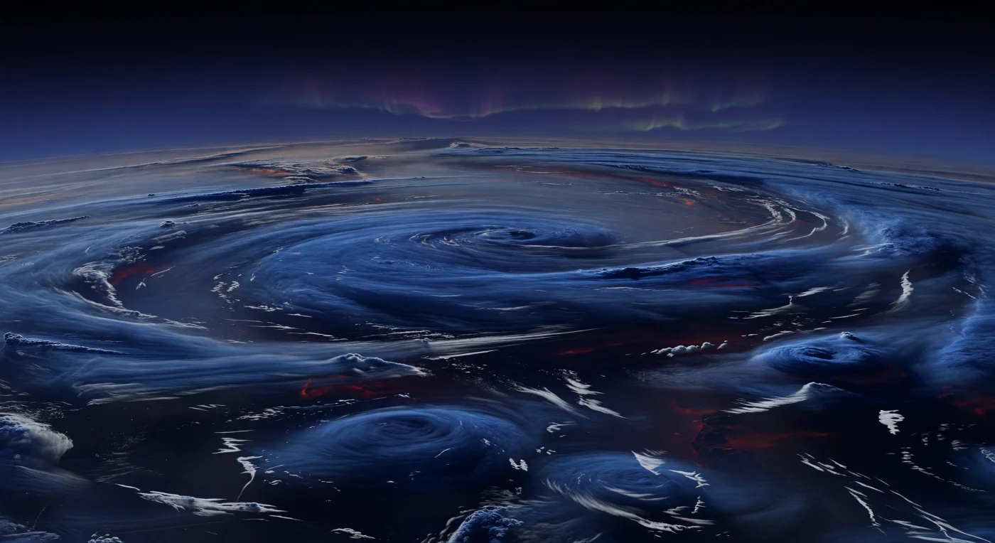 Não há chão sob si — apenas um oceano atmosférico suspenso, um vasto teto de nuvens em tons de azul-marinho e cobalto, rasgado por faixas turbulentas, redemoinhos e vales de névoa de silicatos que se perdem até um horizonte curvo. No alto da noite polar, ténues cortinas aurorais violeta-esverdeadas ondulam no céu negro, enquanto aberturas fugazes na bruma revelam camadas mais profundas a brilhar num vermelho-alaranjado baço, calor interno filtrado através de uma atmosfera colossal. Aqui, a cor azul não vem de água, mas da dispersão da luz e de partículas minerais em suspensão, num invólucro gasoso sem superfície sólida, onde ventos circumpolares supersónicos esticam as nuvens em longos filamentos entrançados. A escala é esmagadora e estranha: parece-se estar a flutuar sobre uma tempestade sem fim, num mundo de chuva potencialmente vítrea, névoa incandescente e dinâmica meteorológica de violência planetária.