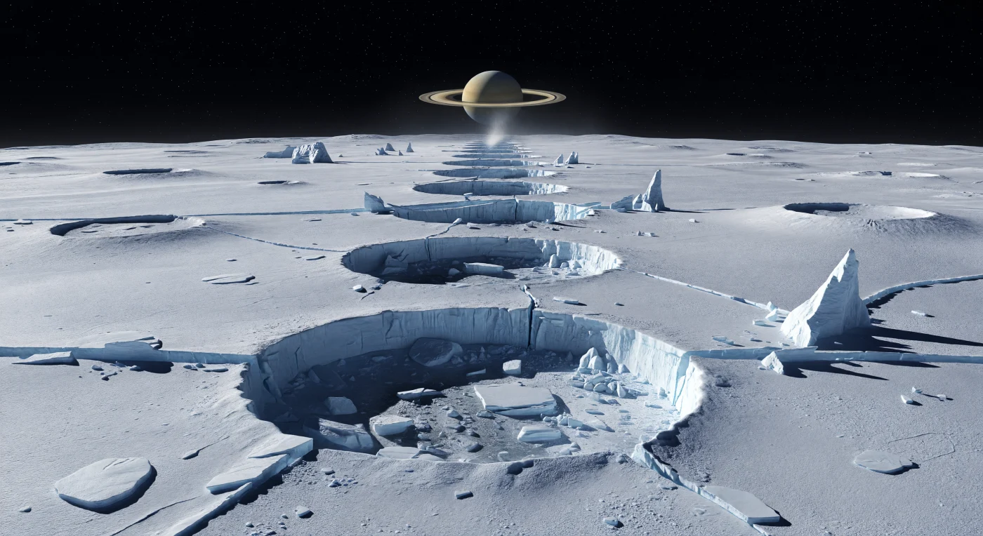À sua frente, uma cadeia linear de fossas de colapso rasga a planície gelada, com depressões quase circulares a elípticas que se sucedem até ao horizonte fortemente curvo, cada uma bordejada por geada brilhante de gelo de água e aberta para interiores azul-escuros onde se amontoam blocos angulosos, brechas e lajes partidas. As cristas estreitas e pontes frágeis de gelo que ligam algumas cavidades, juntamente com fraturas extensionais paralelas, pequenas escarpas de falha e placas criotectónicas desalinhadas, revelam uma crosta jovem e quebradiça, deformada por tensões tectónicas e por colapsos sobre vazios internos num mundo de gravidade extremamente baixa. A superfície, quase inteiramente composta por gelo de água limpo, reflete uma luz solar fria e dura em brilhos intensos, enquanto sombras negras e nítidas aprofundam o relevo; ao longe, contrafortes afiados e escarpas estilhaçadas parecem desproporcionadamente altos, preservados pela fraca gravidade e pela ausência quase total de erosão atmosférica. No céu negro, salpicado de estrelas mesmo com o Sol presente como um disco pequeno e débil, ergue-se ao longe um delicado leque branco de vapor e grãos de gelo vindo de fraturas ativas, lembrando que esta paisagem silenciosa e congelada continua geologicamente viva.