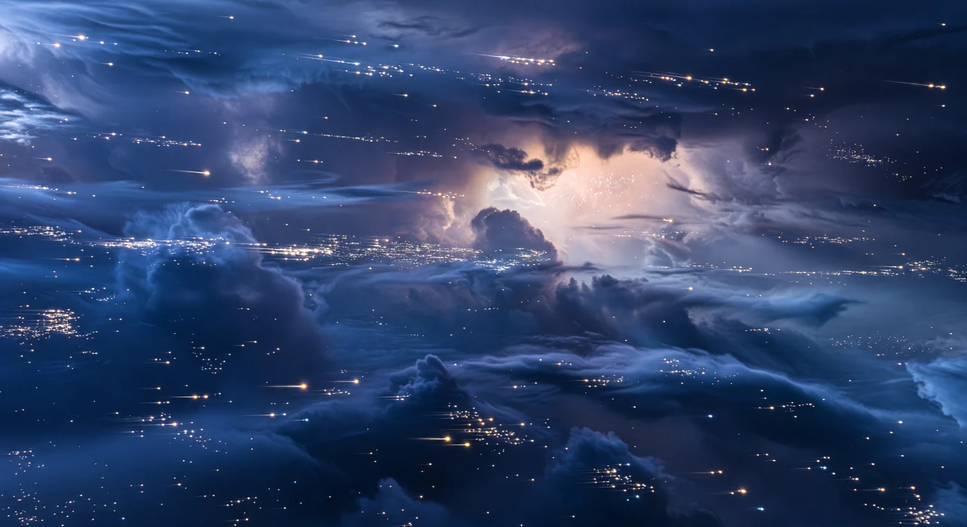Não há horizonte nem chão: à sua volta estende-se um abismo aéreo de camadas turbulentas em azul-cobalto, aço e violeta enfumado, com muralhas de nuvens minerais, frentes onduladas e redemoinhos que desaparecem na névoa densa. Através desta atmosfera opressiva, gotas incandescentes de silicatos e grão mineral luminoso rasgam a cena quase na horizontal, como chuva de vidro fundido arrancada por ventos supersónicos de vários quilómetros por segundo, enquanto a luz da estrela surge apenas como uma mancha difusa dourado-esbranquiçada por trás das brumas. Aqui não existe superfície sólida — apenas níveis atmosféricos profundos de um gigante gasoso extremamente quente, onde a cor azul intensa resulta da dispersão da luz por névoas e partículas minerais, e onde nuvens de silicatos condensados podem formar precipitação abrasiva e escaldante. A escala é vertiginosa: escarpas de nuvens com centenas de quilómetros de profundidade afundam-se sob si mesmas, e cada faixa brilhante de chuva lateral faz sentir a violência estranha e majestosa de um mundo inteiramente feito de tempestade.