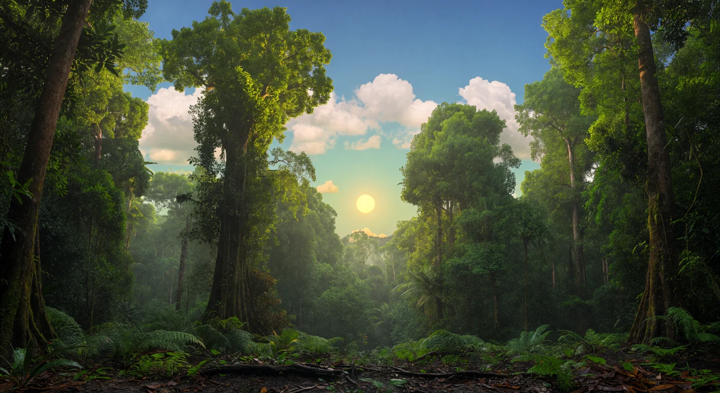 Erguendo o olhar a partir do solo escuro e encharcado, vê-se uma abóbada quase impenetrável de copas tropicais, sustentada por troncos colossais com raízes tabulares, casca coberta de musgos, líquenes e lianas, numa arquitetura viva que ultrapassa facilmente os 55 metros de altura. A luz dourada do fim da tarde, vinda de um Sol de cerca de ,5 graus de diâmetro aparente, espalha-se pelo ar saturado de vapor de água e transforma a humidade em névoa luminosa, suavizando sombras e dissolvendo os detalhes da floresta à distância em tons verdes profundos e lima brilhante. Por entre as aberturas da copa, nuvens cúmulos brancas flutuam a cerca de 2 a 2,5 quilómetros de altitude, enquanto o céu passa de azul pálido e leitoso junto ao horizonte para um azul mais intenso acima, efeito da dispersão da luz por moléculas, aerossóis e vapor de água. O resultado é uma paisagem de escala esmagadora e beleza estranha, onde a biologia, a atmosfera e a luz trabalham juntas para criar um mundo húmido, quente e exuberante, quase primordial.