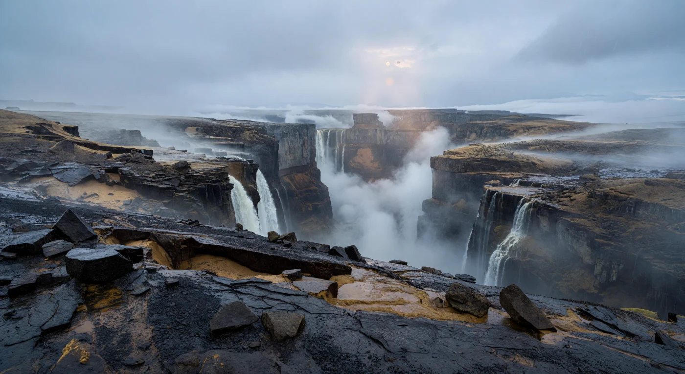 À sua frente, a escarpa das terras altas desce em degraus imensos de rocha negra encharcada, onde saliências fraturadas, blocos angulosos e cascalho escuro brilham sob a chuva fina, enquanto sulcos profundos talhados pelo escoamento conduzem a água para ravinas preenchidas por nuvens. As paredes e cristas largas sugerem uma super-Terra rochosa com gravidade algo superior à da Terra, favorecendo relevos robustos e encostas densamente dissecadas pela precipitação persistente, com camadas expostas de material basáltico e metamórfico, lamas minerais ocres e leques de detritos acumulados abaixo das falésias. De patamares mais altos, várias cascatas despencam no vazio e desaparecem no nevoeiro prateado, enquanto a atmosfera espessa e húmida difunde a luz num brilho frio de aço; apenas por breves aberturas no céu nublado irrompem feixes cor de damasco vindos da pequena estrela anã laranja, acendendo reflexos quentes na pedra molhada e no spray. A escala é vertiginosa: cristas sucessivas perdem-se na bruma, o fundo do desfiladeiro permanece oculto, e tudo à volta transmite a sensação de um mundo vasto, chuvoso e estranhamente familiar, moldado pela água, pela rocha e por uma luz diferente da nossa.