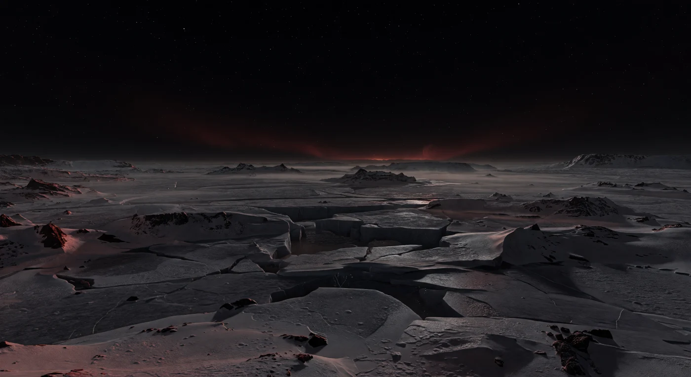À sua frente estende-se uma planície glaciária continental de escala planetária, onde gelo azul-negro fraturado, cristas de compressão, campos de fendas profundas e dunas de neve talhadas pelo vento desaparecem na escuridão quase absoluta, interrompidos apenas por nunataks basálticos que emergem como ilhas negras de rocha. A superfície revela uma geologia extrema e plausível para um mundo rochoso em rotação síncrona: crostas vítreas congeladas, lajes quebradiças, cavidades de sublimação e poeira escura misturada com geada indicam frio intenso, ausência de água líquida e uma atmosfera muito ténue, incapaz de suavizar os contrastes térmicos do hemisfério noturno permanente. No horizonte, um brilho vermelho-alaranjado muito fraco marca a distante faixa do terminador, enquanto véus discretos de aurora carmesim — alimentados pela forte atividade estelar e pela interação com partículas energéticas — tingem de rubro o nevoeiro gelado rente ao solo e arrancam reflexos metálicos ao gelo polido. Sob um céu negro, quase sem ar, onde as estrelas parecem agudas e imóveis, a vastidão silenciosa desta paisagem faz sentir o peso de um inverno sem amanhecer.
