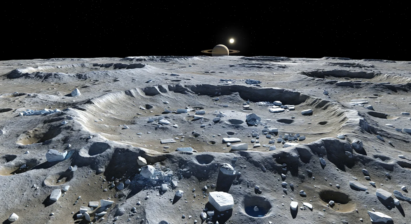 À altura do solo, a paisagem é um caos congelado: montículos arredondados, cristas nodosas e blocos angulares de gelo fraturado espalham-se por um manto de ejecta compactado, onde regolito de gelo de água brilhante se mistura com poeira meteórica acastanhada e cinzento-carvão. As pequenas crateras secundárias, depressões parcialmente soterradas e lajes partidas registam a violência de um antigo impacto, preservada quase sem alteração num mundo sem atmosfera, sem erosão líquida e com gravidade muito baixa, onde cada relevo mantém contornos duros e nítidos. A luz solar, distante mas intensa, arranca reflexos frios das facetas geladas e lança bolsas de sombra azul-negra entre os blocos, enquanto o céu permanece absolutamente negro, sem névoa nem nuvens. Ao longe, cristas de paredes crateradas e altos terrenos sobrepostos prolongam-se até ao horizonte com uma clareza implacável, fazendo sentir a escala austera e silenciosa desta superfície gelada primordial.