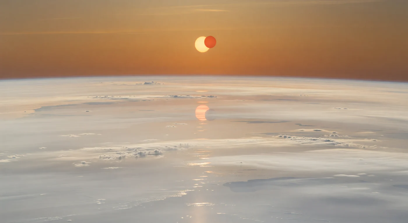 Suspenso sobre uma planície lisa e refletora de nuvens altas, o horizonte curva-se numa vastidão sem solo, onde cristas ondulantes de branco perolado, creme e cinzento-prateado emergem de uma névoa fria e estratificada. No céu espesso, tingido de âmbar, damasco e cobre, dois pequenos sóis resolvidos dominam a cena: o disco laranja da estrela primária é parcialmente tocado pelo disco menor, vermelho-alaranjado, da secundária, e esse eclipse mútuo reduz ligeiramente a luz, fazendo deslizar sombras duplas ténues sobre o topo brilhante das nuvens. A paisagem é inteiramente atmosférica — um gigante gasoso de hidrogénio e hélio, com camadas superiores de bruma de gelo de amoníaco e água, e, muito abaixo, faixas ocres e castanho-acinzentadas sugerindo nuvens mais profundas de hidrossulfureto de amónio e água. A luz quente mas difusa, filtrada por aerossóis densos, acende reflexos metálicos na superfície das nuvens e envolve tudo numa estranha serenidade crepuscular, como se estivesse a pairar sobre um oceano de vapor gelado que se estende até à escala colossal de um mundo sem terra firme.