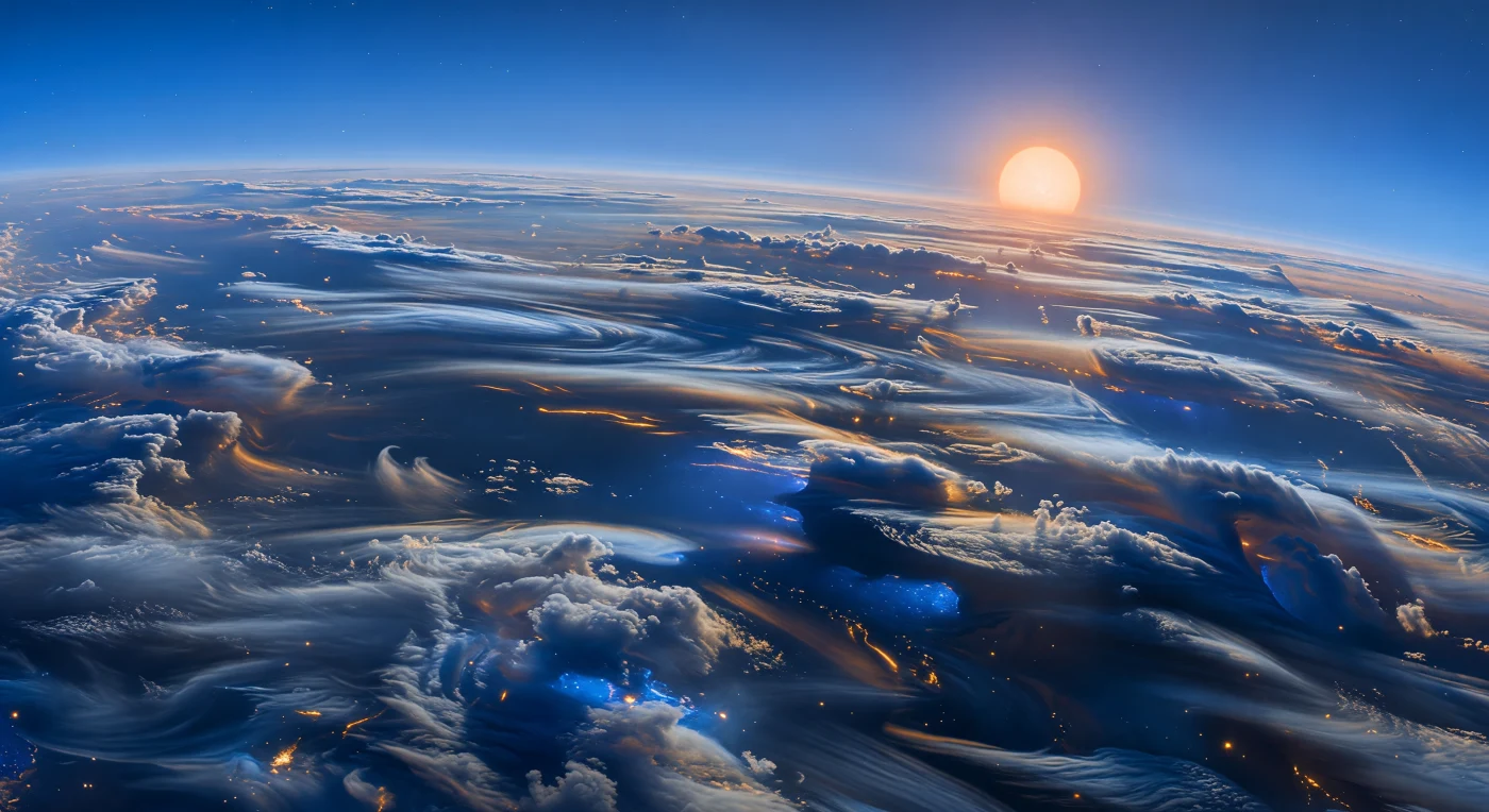 À sua volta não existe chão algum, apenas uma imensa abóbada atmosférica curvada, riscada por faixas paralelas de nuvens azul-cobalto, azuis profundas, índigo e cinzento-prateado que se estendem por milhares de quilómetros como fitas lançadas sobre um jato super-rotativo. A luz oblíqua e âmbar da estrela, fixa no hemisfério diurno como um disco enorme e enevoado no horizonte, acende as cristas das ondas de cisalhamento e as paredes enroladas das nuvens, enquanto fendas mais escuras entre as bandas descem para camadas mais densas que brilham tenuemente em azul. Estas estruturas não são continentes nem oceanos, mas mantos de gás, névoa e aerossóis de silicatos moldados por ventos supersónicos, com instabilidades turbulentas semelhantes às de Kelvin-Helmholtz e véus translúcidos que espalham a luz e explicam a tonalidade azul intensa do mundo. Por vezes, cortinas de chuva de silicatos fundidos são arrastadas quase na horizontal, deixando riscos incandescentes como vidro líquido suspenso no vendaval, numa paisagem sem superfície cuja escala colossal faz até os redemoinhos parecerem minúsculos.