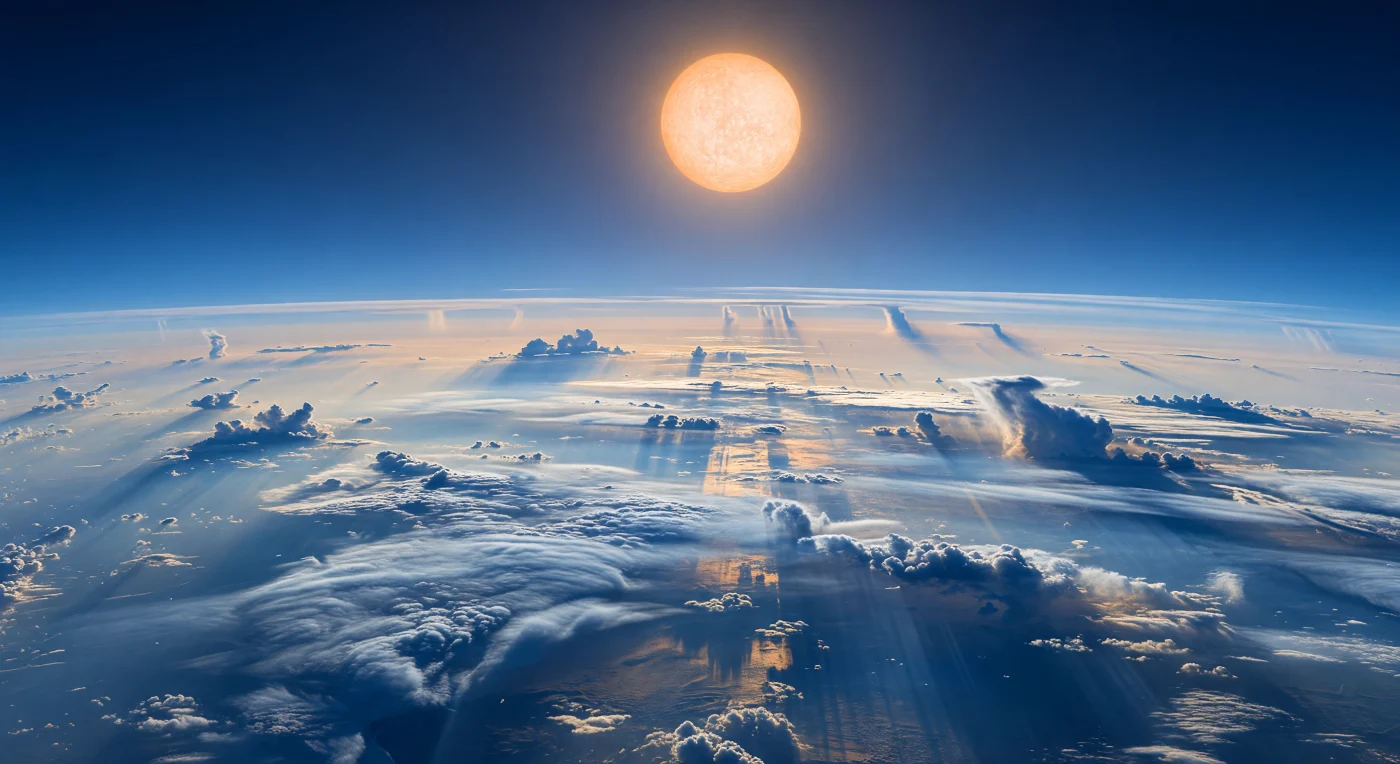 À sua frente não há solo nem mar, apenas um imenso oceano de nuvens lisas e estratificadas, prateado-azuladas, que se curva até um horizonte suavemente desfocado pela profundidade da atmosfera. Bancos de condensados em forma de bigorna, sulcos escuros de ultramar e plumas convectivas erguendo-se como montanhas de vapor revelam a dinâmica brutal de um gigante gasoso sem superfície, onde névoas de silicatos espalham a luz e tingem o céu de cobalto intenso. No zénite, a estrela domina tudo como um disco laranja-esbranquiçado ofuscante, várias vezes maior do que o Sol visto da Terra, envolto num halo âmbar criado pela dispersão para a frente em aerossóis finos. A cena parece fria pelas cores metálicas e safira, mas é um inferno atmosférico: calor extremo, ventos supersónicos e possíveis chuvas de vidro arrastadas quase na horizontal moldam este panorama majestoso e hostil.