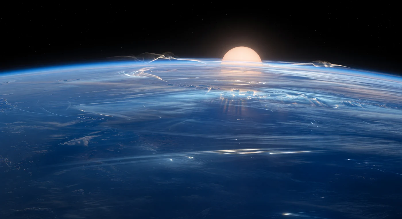 Aqui, junto ao limbo da alvorada, não existe chão algum: apenas a imensa curvatura de uma atmosfera azul-safira que mergulha em camadas de cobalto e azul-noturno, riscada por bandas difusas, ondas turbulentas e véus minerais esticados em fitas horizontais por ventos supersónicos. Muito abaixo, brumas e nuvens de aerossóis de silicatos refletem a luz rasante em manchas frias de ciano e branco perolado, enquanto ténues estrias luminosas sugerem precipitação de silicatos fundidos a ser arrastada lateralmente através das profundezas gasosas. Ao longo do bordo do planeta, uma película exosférica finíssima brilha em azul-elétrico e branco ultravioleta, como se a atmosfera estivesse a descascar-se para o espaço negro sob a intensa irradiação estelar, com filamentos ionizados e plumas transparentes a escapar para o vazio. No horizonte, a estrela hospedeira surge colossal e quente, laranja-esbranquiçada, deformada pela névoa translúcida, lançando um aro âmbar sobre o limbo e envolvendo toda a cena numa claridade estranha, bela e violenta, à escala de um gigante gasoso sem superfície sólida.