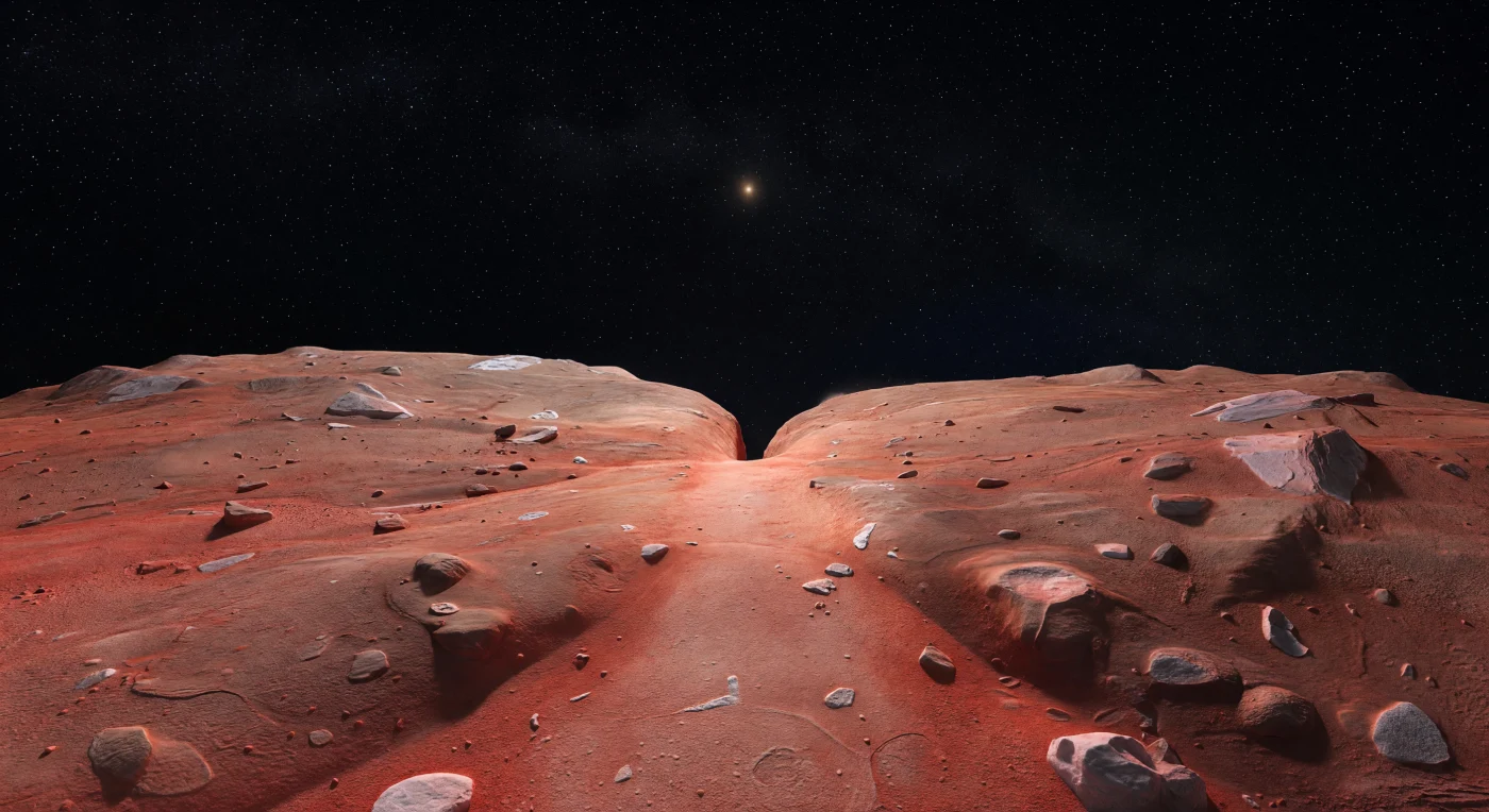 Do alto de uma pequena elevação sobre o pescoço estreito, vê-se uma sela laranja-avermelhada mais clara unindo duas massas abauladas que se curvam em sentidos opostos, tornando evidente, ao nível dos olhos, a geometria de um corpo binário de contacto formado pela fusão suave de dois blocos primitivos. O terreno do pescoço é mais liso e luminoso, coberto por regolito gelado de grão fino misturado com compostos orgânicos ultravermelhos ricos em tolinas, e escurece gradualmente para tons borgonha e carmim nas duas lóbulos, onde aparecem escarpas baixas, depressões rasas, fraturas poligonais subtis, blocos dispersos e pequenas exposições de gelo mais limpo, esbranquiçado a rosado. Sob um céu de vácuo absolutamente negro, sem atmosfera nem névoa, a Via Láctea recorta-se com nitidez enquanto o Sol surge apenas como um ponto brilhante distante, lançando uma luz fraca e sombras finas e cortantes sobre uma superfície congelada e praticamente intacta há 4,5 mil milhões de anos. A escala é estranhamente íntima e alienígena: de cada lado, o horizonte ergue-se como a parede curva de um lóbulo vizinho, fazendo-nos sentir de pé sobre um pequeno fóssil do nascimento do Sistema Solar, silencioso, imóvel e preservado no frio extremo dos confins.