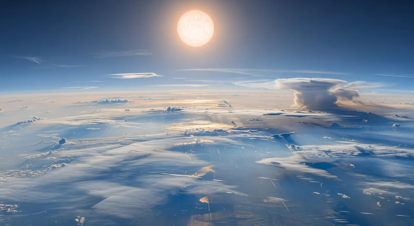 Sob a luz abrasadora e dourado-branca da estrela, um imenso tapete de nuvens azul-pálido, cobalto esbatido e prata estende-se em ondulações suaves até se perder na curvatura atmosférica, sem qualquer solo visível — apenas arquitetura meteorológica colossal. As cristas brilhantes, os sulcos rasos e as faixas de cisalhamento revelam camadas de névoa e condensados de silicatos comprimidos, moldados por ventos supersónicos que arrastam para leste finos filamentos de aerossóis como véus rasgados a uma velocidade quase inimaginável. Aqui, a cor azul não vem de água, mas da dispersão da luz em partículas atmosféricas e brumas minerais; entre as bandas mais claras abrem-se raras fendas ultramarinas que deixam entrever níveis mais profundos e muito mais quentes. No brilho difuso e sem sombras marcadas, chegam a notar-se traços quase horizontais de precipitação incandescente de silicatos fundidos — uma chuva de vidro rara e fugaz — enquanto o calor extremo e a névoa luminosa fazem todo o horizonte de nuvens parecer um oceano impossível, vivo e em perpétuo movimento.