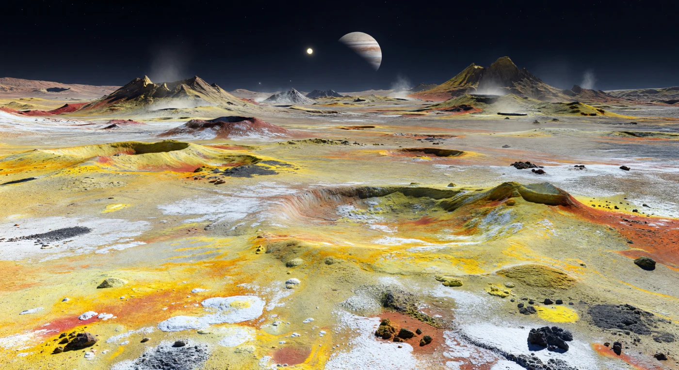 À sua frente estende-se uma planície vulcânica quase sem relevo, um mosaico frágil e granulado de rocha silicática recoberta por manchas irregulares de enxofre amarelo-açafrão, geada branca de dióxido de enxofre, depósitos vermelho-ferrugem lançados por plumas e resíduos negros de lava basáltica, como se o terreno tivesse sido repintado repetidamente pelo fogo. As crostas estaladas, os fragmentos escuros tipo clínquer, as depressões rasas e as suaves frentes de escoada revelam uma superfície constantemente renovada por vulcanismo extremo, alimentado pelo aquecimento de maré que deforma o interior rochoso deste mundo. Quase não há crateras de impacto: a paisagem é jovem, refeita vezes sem conta, e as montanhas abruptas e mesas distantes permanecem estranhamente nítidas sob um céu diurno quase negro, porque a atmosfera de dióxido de enxofre é tão ténue que mal difunde a luz. Acima do horizonte paira um disco gigantesco e listado, enquanto um Sol menor do que o visto da Terra lança sombras cortantes sobre esta vastidão seca, sem água, sem clima e sem qualquer abrigo, onde cada cor denuncia química vulcânica ativa à escala de um mundo inteiro.