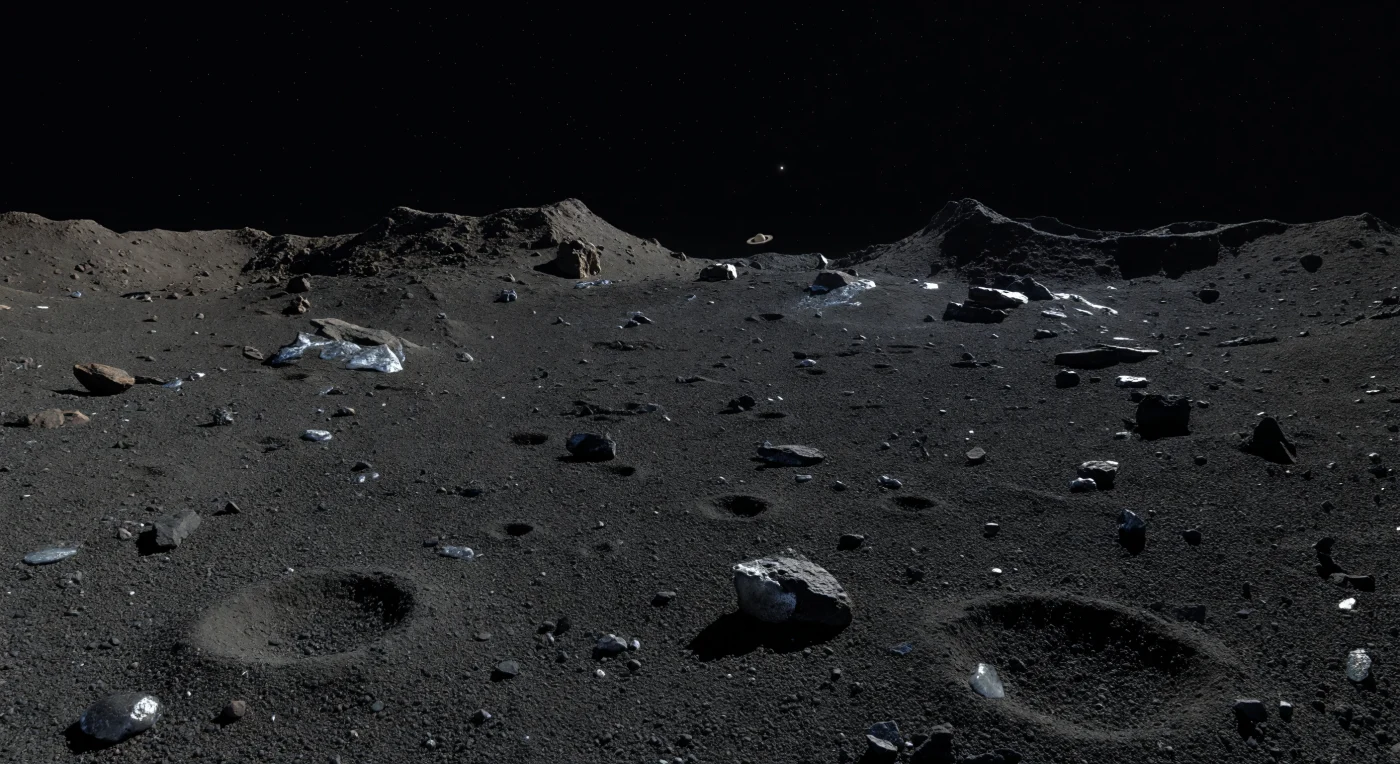À escala do chão, a paisagem é um campo áspero de regolito negro‑carvão e cinzento muito escuro, tão granulado que cada seixo, cada lasca e cada microcratera se destaca sob a luz branca e dura de um Sol minúsculo, suspenso num céu absolutamente preto. O solo é uma mistura primitiva de poeira escura rica em carbono, detritos de impacto e fragmentos triturados de rocha e gelo, revolvida sem cessar por bombardeamentos que escavam pequenas depressões, levantam cristas baixas de ejecta e deixam expostos, aqui e ali, estilhaços prateados de material rico em gelo de água. Ao longe, a planície eleva-se para terras altas crateradas de contornos agudos, onde blocos soltos e riscos claros marcam impactos mais recentes, numa topografia que parece exageradamente abrupta devido à gravidade extremamente fraca. Não há ar, neblina nem qualquer suavização: apenas sombras negras como lâminas recortadas sob cada grão e pedra, e a sensação de estar sobre um relicto congelado e antiquíssimo do Sistema Solar primitivo.