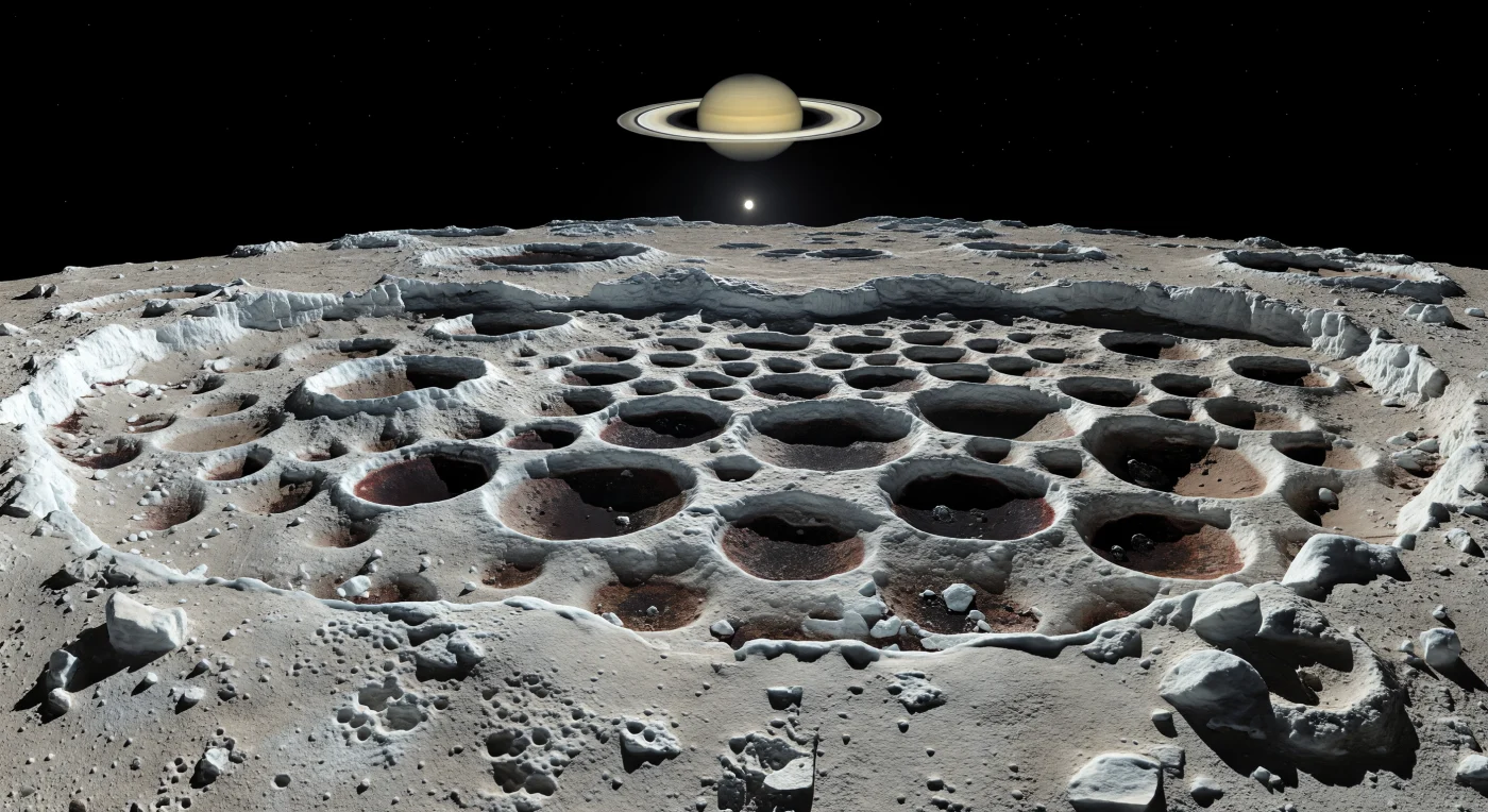 Do cimo de uma crista brilhante de cratera, o solo parece giz congelado esculpido em esponja: gelo de água extremamente poroso, quebrado por fendas frágeis, cavidades e blocos angulosos de ejecta imóveis numa gravidade tão fraca que o relevo se mantém abrupto e quase impossível. À frente, estende-se um imenso favo de crateras profundas em forma de taça, sobrepostas umas às outras, com bordos claros de gelo mais limpo e fundos escuros, lisos e avermelhados por depósitos ricos em compostos orgânicos carbonáceos, preservados intactos pela ausência total de atmosfera, erosão ou água líquida. A curvatura próxima do horizonte denuncia o pequeno tamanho deste mundo irregular, enquanto a luz solar, distante e dura, recorta sombras negras e afiadas que acentuam cada parede íngreme e cada depressão. No céu absolutamente negro, salpicado por estrelas ténues mesmo de dia, um planeta anelado domina a vista com os seus anéis finos e brilhantes totalmente abertos, tornando a paisagem gelada, silenciosa e estranhamente colossal.