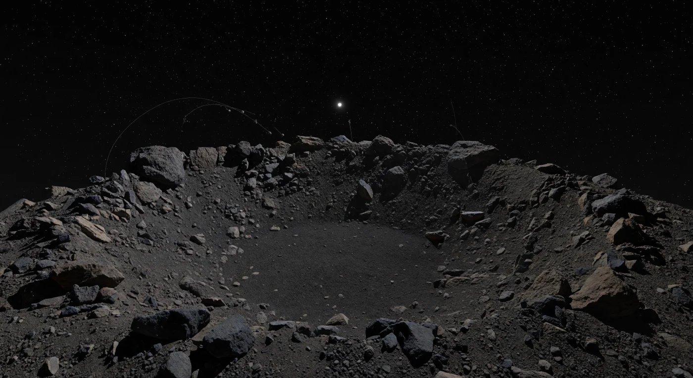 Do fundo desta pequena cratera, o terreno parece uma poça escura de regolito fino e carbonáceo, mais liso no centro, encaixado entre pedras angulosas parcialmente enterradas, seixos dispersos e bordos baixos de rocha partida que se erguem apenas alguns metros antes de o horizonte cair abruptamente e revelar a curvatura nítida deste minúsculo mundo. A luz solar, dura e sem qualquer difusão, recorta sombras negras e perfeitas nas paredes internas, porque aqui não existe atmosfera: acima, o céu permanece absolutamente preto, salpicado por estrelas pontuais visíveis mesmo em pleno dia. Os blocos maiores empoleirados no bordo e o padrão de granulação — material mais fino acumulado no fundo, detritos mais grosseiros nas encostas — denunciam uma geologia de pilha de escombros extremamente frágil, rica em compostos carbonosos e minerais hidratados preservados desde os primórdios do Sistema Solar. Em gravidade quase nula, até pequenos grãos podem erguer-se em lentos arcos balísticos sobre a superfície, tornando a paisagem ao mesmo tempo íntima e imensa, como se estivesse de pé dentro de uma ferida rasa aberta num fragmento primordial do espaço profundo.