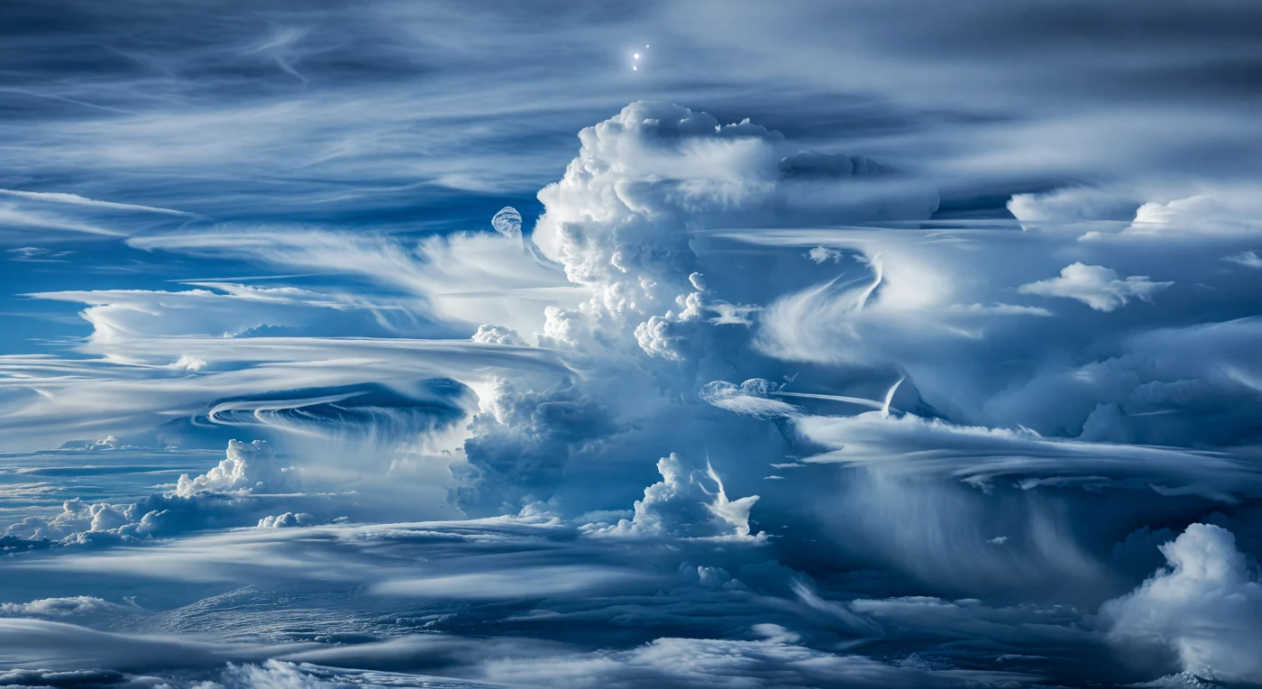 À sua volta não há solo algum, apenas um relevo atmosférico vivo: uma torre convectiva colossal ergue-se como uma montanha vertical de nuvens de gelo de metano, subindo desde camadas azul-cobalto mais escuras até um cume branco brilhante, de textura cristalina, com saliências em couve-flor e bigornas geladas que se desfazem no vento. Correntes ascendentes violentas empurram esse material para cima a centenas de metros por segundo, enquanto ventos zonais superiores a 1.000 km/h rasgam as nuvens vizinhas em faixas paralelas, véus desfiados e ganchos longos que varrem horizontalmente a paisagem celeste. A luz do Sol, reduzida a um ponto minúsculo e distante por trás da névoa espessa, ilumina tudo com um crepúsculo frio azul-esverdeado, fazendo os topos mais altos brilharem por dispersão da luz através das partículas suspensas. Cortinas subtis de cristais de metano caem em virga sob algumas massas nubosas, e pequenas ondulações no primeiro plano contrastam com a escala quase continental desta coluna tempestuosa, revelando uma atmosfera profunda, turbulenta e estranhamente bela.