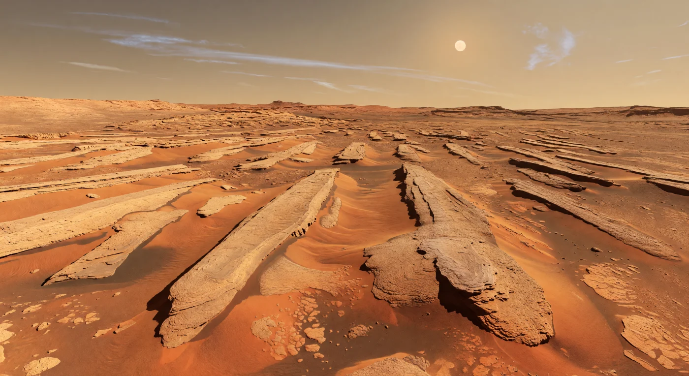 À altura do olhar, o terreno abre-se num campo de cristas longas e paralelas, em tons de bege e ocre pálido, esculpidas pelo vento em formas afiladas chamadas yardangs, com faces abruptas a barlavento e caudas estreitas apontadas na direção da erosão dominante. Nos sulcos rasos entre essas cristas acumula-se poeira vermelho-alaranjada rica em óxidos de ferro, misturada com faixas de areia basáltica mais escura que deslizam rente ao solo em finas lâminas sob o vento cruzado, enquanto as superfícies rochosas revelam estratificação delicada, texturas polidas por abrasão e pequenos depósitos de seixos deixados após a remoção dos grãos mais finos. A luz baixa da tarde, vinda de lado, alonga sombras nítidas sobre esta planície sedimentar seca e rarefeita, onde a gravidade menor e a atmosfera ténue permitem que formas afiadas e flautadas persistam por longos períodos geológicos. Ao longe, uma borda de cratera pouco elevada e mesas suavizadas pelo tempo emergem sob um céu enevoado cor de caramelo e rosa-acastanhado, com um Sol pequeno e pálido a reforçar a estranha sensação de vastidão silenciosa e desolada.