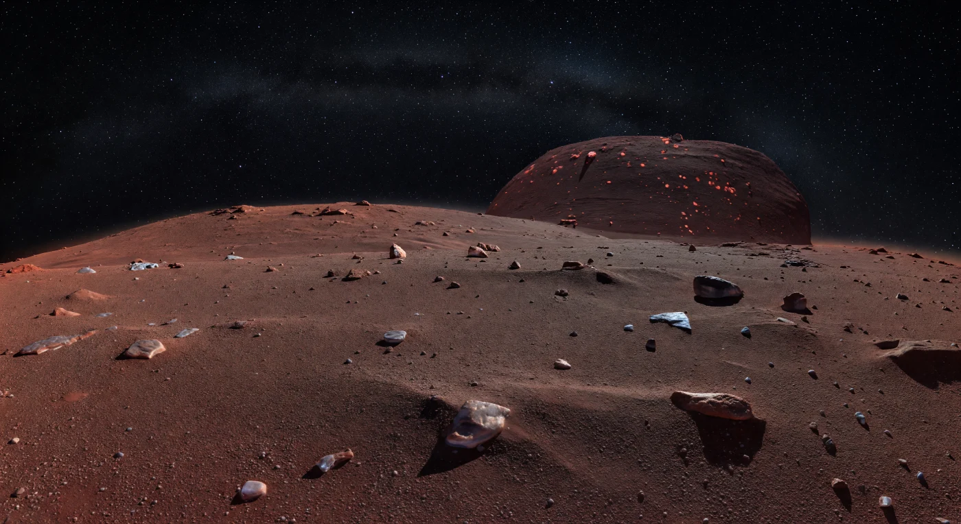 You stand on a broad, gently domed plain of dark red to burnt-umber crust, where fine frost-cemented grains, scattered pebbles, and low hummocks stretch only a short distance before dropping below a strikingly close curved horizon. The surface is a cryogenic mix of ancient water ice, more exotic frozen volatiles, and complex radiation-processed organic material called tholins, preserved at roughly 40 K in an airless vacuum that leaves the sky perfectly black and the sunlight hard, faint, and razor-sharp. With gravity so weak and erosion essentially absent, this landscape has remained almost unchanged since the earliest solar system, its subtle texture recording gentle accretion rather than active geology. Ahead the terrain swells toward the narrow neck, while overhead the opposing lobe hangs like a colossal flattened crimson wall, making the scene feel both intimate and immense beneath a star-thick sky.