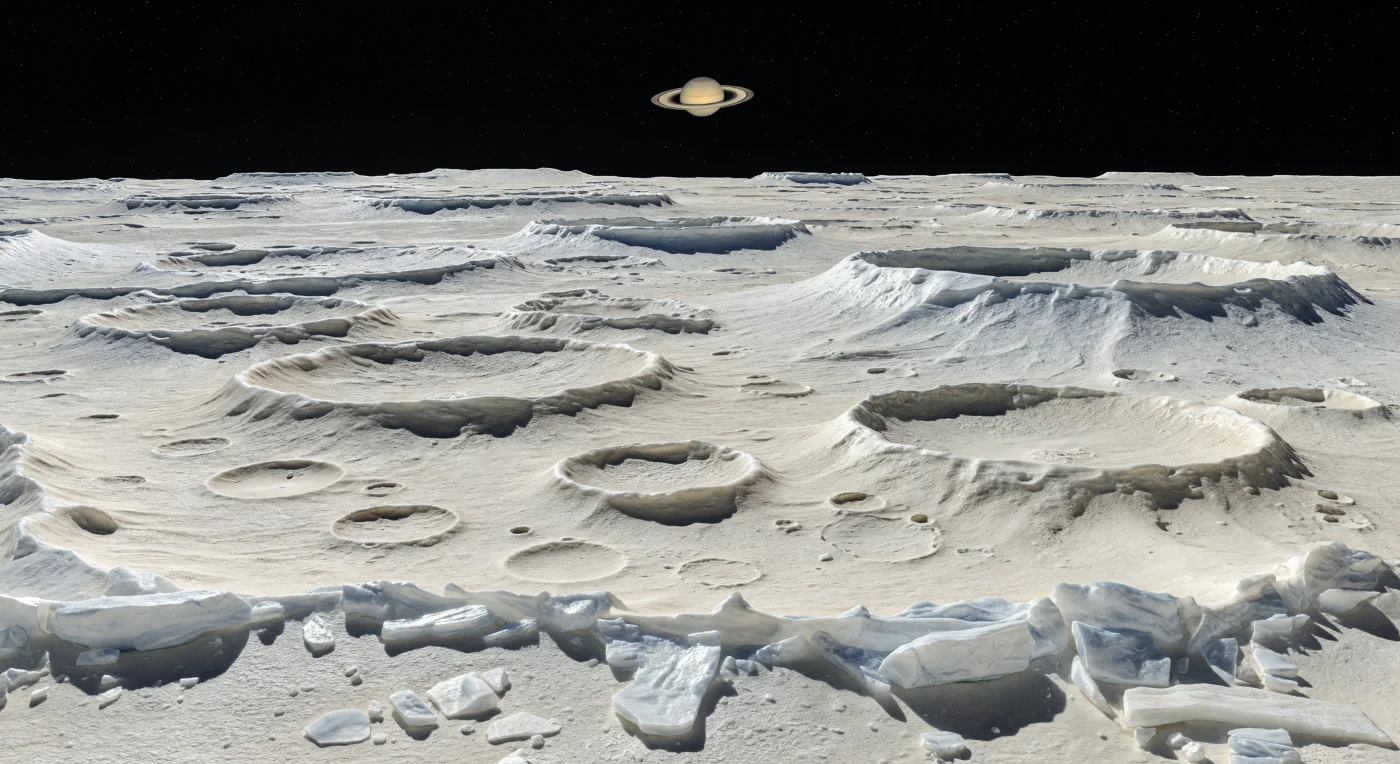 From this upland vantage, the landscape is a near-continuous maze of ancient craters, their pale rims overlapping and softening into one another until the ground becomes a frozen, impact-gardened wilderness of broken ice blocks, hummocky ejecta, and scalloped hollows stretching to the curved horizon. The surface is built mostly of water-ice bedrock mantled by thick icy regolith, its brilliant white, cream, and faintly gray tones reflecting the weak, distant sunlight with harsh contrast and black-edged shadows in the absolute clarity of vacuum. In this airless stillness, nothing blurs the view: far-off ridges and crater crests remain unnaturally sharp, revealing how billions of years of impacts, slumping, and slow relaxation in very low gravity have reshaped old basins without erasing them. Under the pure black sky, with the Sun reduced to a small, fierce point and perhaps Saturn hanging immense above the horizon, the scene feels both silent and immense—a luminous fossil record of collisions preserved in ice.