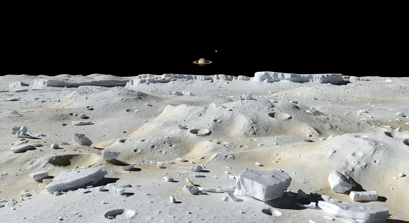 Across these bright highlands, the ground is a shattered skin of ancient water ice—powdery white regolith, granular frost, and sharp-edged blocks strewn over fractured bedrock and old crater ejecta, all preserved with remarkable crispness in the moon’s feeble gravity and airless vacuum. The sunlight is distant yet hard, making the pale terrain gleam in brilliant whites, creams, and faint tans while every pebble and crater rim throws an ink-black shadow with razor-sharp edges. Beyond the foreground rubble, rugged cratered uplands and subdued ridges stretch for kilometers, their relief barely softened over immense spans of time by only micrometeorite impacts and slow space weathering. Above the horizon, nearly motionless in the black sky, hangs a pale yellow-beige Saturn a few degrees wide, its thin bright rings cleanly resolved—an enormous, silent marker that fixes the scene in a world of deep cold, ancient surfaces, and astonishing scale.