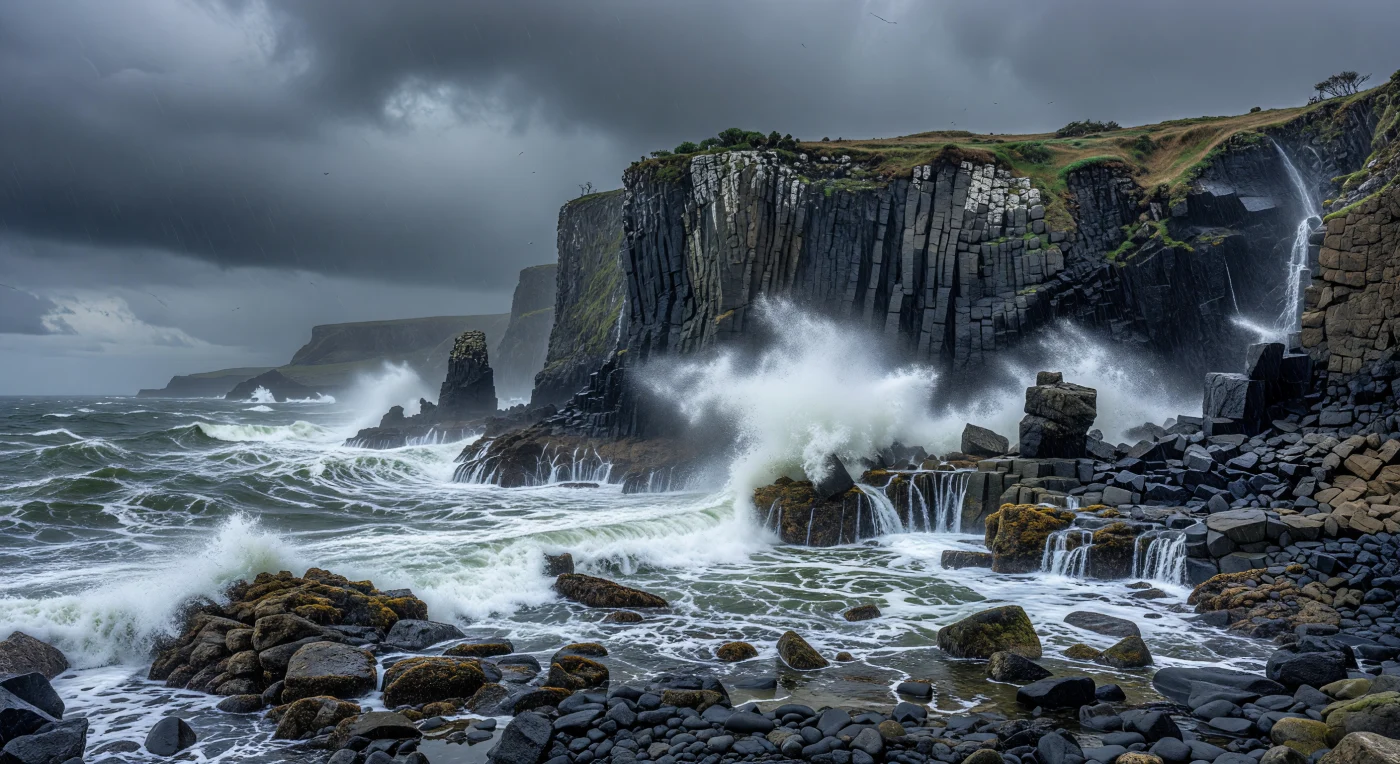 From this wave-battered shoreline, immense walls of basalt rise 200 to 300 meters overhead, their dark volcanic faces split into striking columnar joints—hexagonal and irregular pillars formed as ancient lava cooled and contracted, now slick with rain, silvered by weathering, and mottled with pale lichen and tide-darkened algae. Below them, a cold grey-green ocean hammers the cliff base with relentless force, blasting white surf and spray more than 50 meters into the air, while fresh rockfall, erosional notches, and detached spires reveal how waves and gravity steadily dismantle the coast. Under a low ceiling of stratocumulus cloud, the light is flat and shadowless, reduced to charcoal, slate, wet silver, and foam-white, with wind-driven rain slanting across the scene and distant headlands dissolving into mist. Standing among polished black boulders and draining tide pools, you feel the scale of an active shoreline shaped by volcanic history and ongoing marine erosion, where every surface glistens and every crash of water makes the land seem both ancient and violently alive.