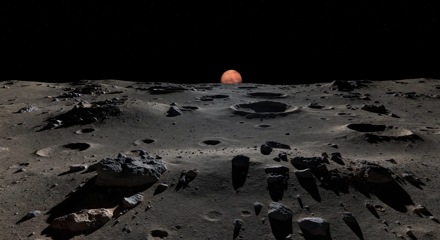 At the edge of day, a gently rolling plain of dark, carbon-rich regolith stretches beneath a perfectly black sky, its muted gray-brown surface broken by shallow craters, half-buried boulders, and low hummocks softened under an unusually fine blanket of dust. The Sun, smaller than it appears from Earth and skimming the horizon, throws razor-sharp light across the airless ground, carving the landscape into alternating bands of pale warmth and pitch-black shadow that run unbroken for hundreds of meters. In this feeble gravity, delicate crater rims and precariously resting rocks seem almost impossibly undisturbed, while the tiny moon’s curvature subtly closes the horizon at an intimate distance. On the side facing Mars, a faint reddish glow from the giant planet hanging low overhead seeps into the deepest darkness, just enough to reveal texture in the shadowed rubble and remind you that this stark, silent world is built from primitive, porous material and shaped almost entirely by impacts.