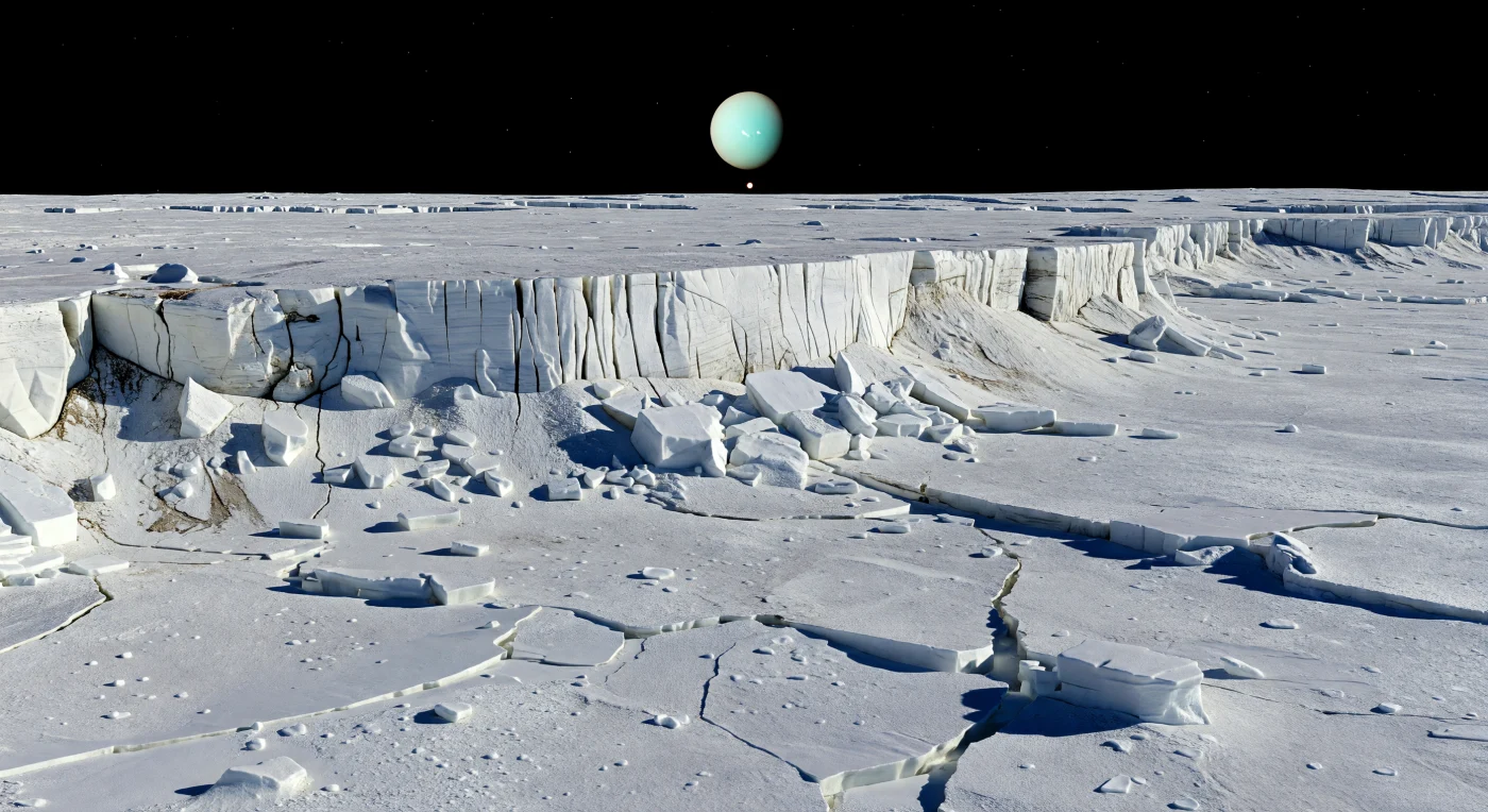 At sunrise along the terminator, a sheer wall of brilliant water ice towers above a shattered plain, its face etched by parallel faults and strewn with frost-coated debris and angular blocks split by crevices so dark they seem bottomless. The tiny Sun, far weaker than at Earth yet still knife-sharp in the vacuum, has only just cleared the horizon, throwing kilometer-long black shadows across silvery frost, granular ice regolith, and broken slabs whose crisp relief is exaggerated by the moon’s very low gravity and the absence of any air to soften the view. These scarps and troughs are the exposed architecture of an ice-rich crust pulled apart by ancient tectonic stresses, revealing a surface of bright water ice mixed with darker, older contaminants and only lightly overprinted by small impacts and frost deposition. Over it all hangs a perfectly black sky with faint stars and a huge pale cyan-green disk of the parent planet, making the frozen fault-bounded plains and distant chasm edges feel vast, silent, and almost impossibly sharp.