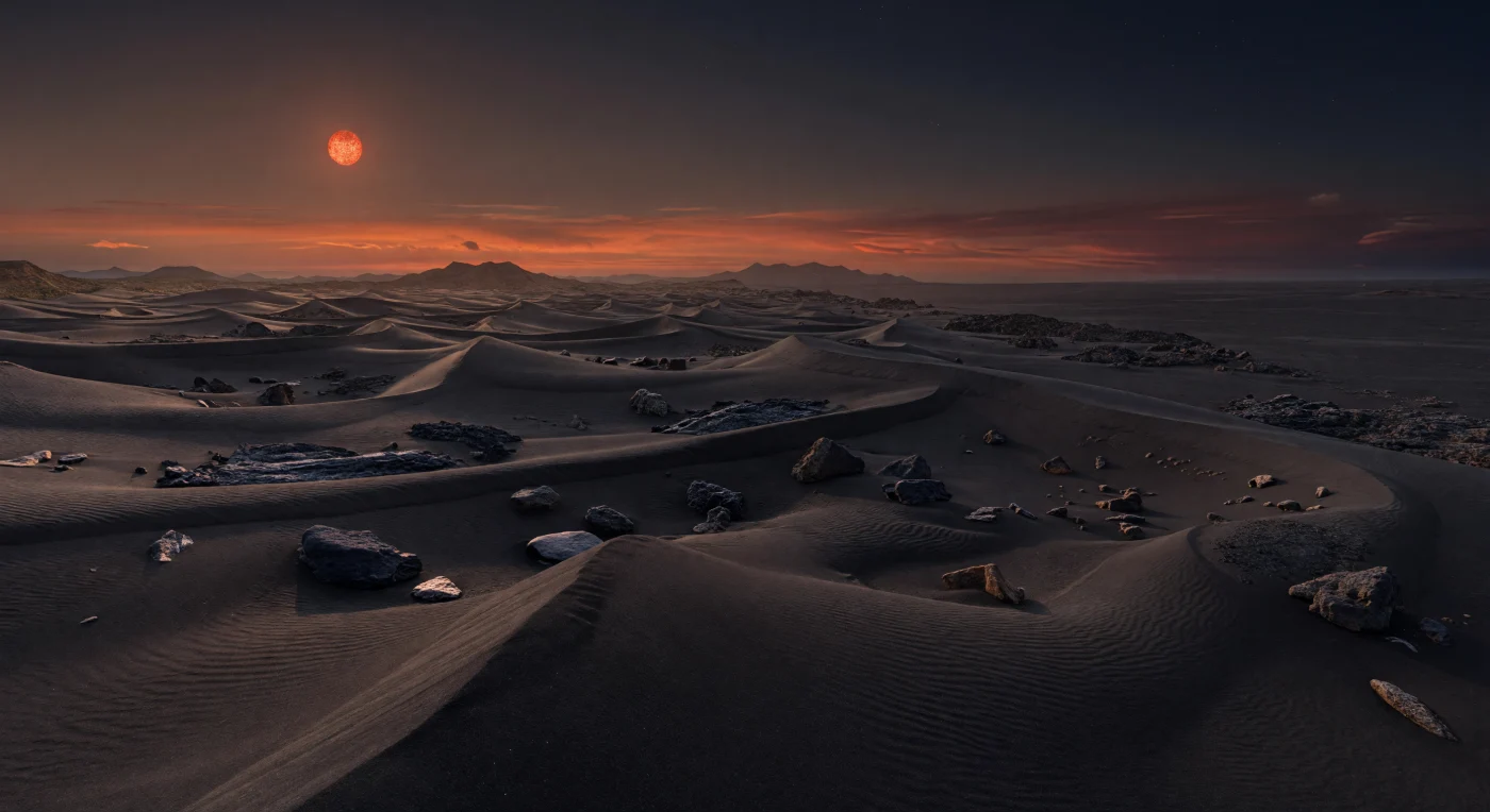 From the surface of the terminator, you would stand amid an immense sea of black basaltic dunes and dark volcanic glass, their crescent ridges, rippled flanks, and steep slip faces carved by persistent winds in a cold, dense atmosphere. A broad copper-red star hangs forever near the horizon, casting soft but strongly directional light that paints ember tones across the brighter rim of the sky while smoky violet shadows stretch knife-like toward the planet’s night side, where the land fades into indigo-black gloom. Scattered basalt boulders, obsidian-like blocks, and fractured lava outcrops interrupt the sand, hinting at volcanic bedrock and ash-rich deposits that have been ground, sorted, and sintered into a dry, mineral-rich surface with no visible water. In the far distance, haze-veiled volcanic highlands rise faintly beyond dune chains that seem to run without end, giving the landscape a vast, austere grandeur unlike any desert on Earth.