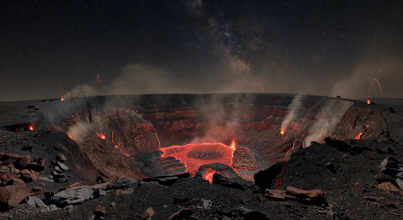 From the crater rim, you look down nearly 400 meters into a molten basaltic lava lake, its surface glowing cherry-red to orange where temperatures exceed about 700°C, while darker crimson crust plates and blackened margins show where the melt is cooling and rafts slowly across the vent. Jagged basalt blocks, scoriaceous rubble, ash-coated ground, and fractured clinker lie in the foreground, their sharp textures lit from below by the lava’s fierce incandescence, while the inner walls reveal welded spatter, oxidized red-brown streaks, talus slopes, and thin fumaroles venting hot volcanic gas through fractures. Rising heat and mineral-rich gases shimmer upward in translucent columns that warp the Milky Way overhead, and with no moonlight the stars burn sharply above—though ash and aerosols mute them near the horizon—until brief Strombolian bursts hurl incandescent spatter skyward and flash against a low ash plume. The only true light comes from the crater itself, casting hard black shadows and glossy red reflections across the dark volcanic landscape, making the vast rimline and tiny silhouetted boulders feel both immediate and immense in the furnace-like night.