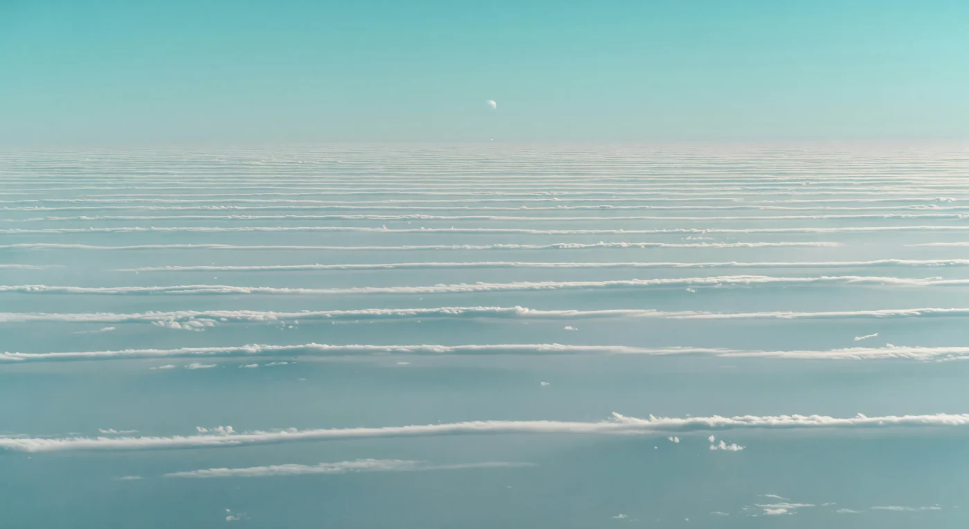 From this floating vantage just above the upper cloud deck, the world appears as an immense atmospheric plain of pale turquoise and cyan, striped by long, parallel white ridges that ripple away like frozen surf into bluish haze. These bands are atmospheric gravity waves—broad oscillations traveling through stable layers of hydrogen, helium, and methane-rich air—where gentle upwellings cool enough for methane-ice cloudlets to brighten the crests while the troughs remain a deeper blue-green under suspended photochemical haze. A tiny, dim Sun hangs in the luminous aquamarine sky, its distant light softened by the thick atmosphere into a cold silvery wash that skims the scalloped wave tops and leaves only muted teal shadows. With no solid ground anywhere below, only deeper mist and descending cloud layers, the repeating wave-train corridor feels vast beyond intuition, an ocean of weather shaped into orderly bands that fade with the planet’s curvature over thousands of kilometers.