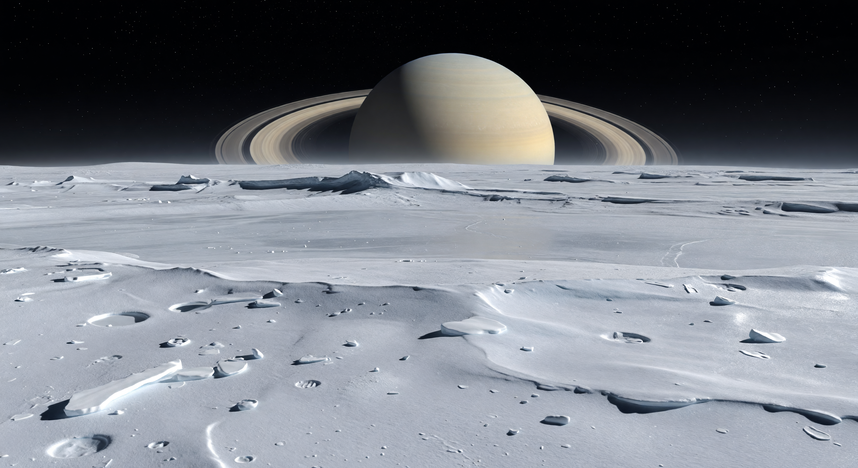 Saturn über gefrorener Ebene